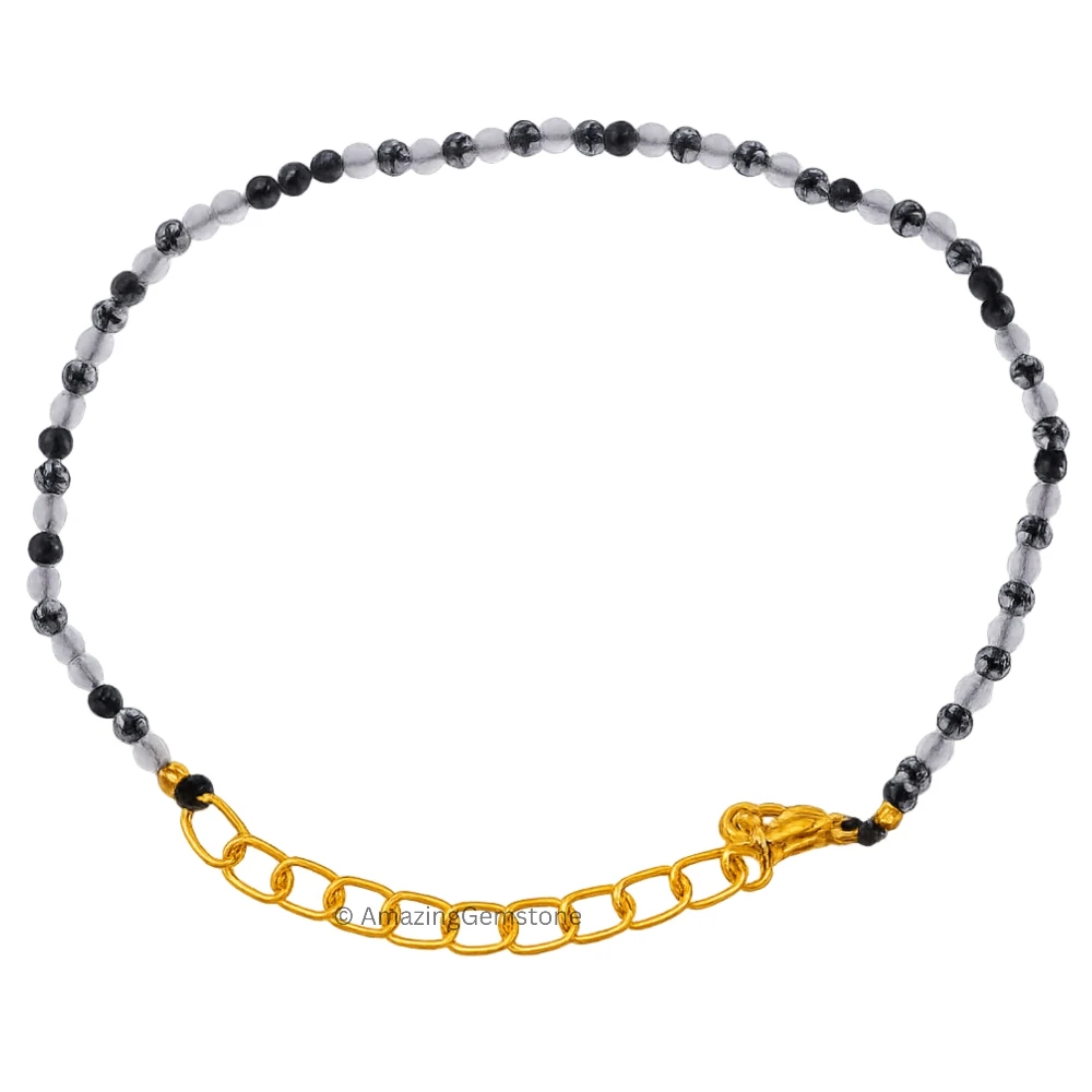 Black Rutilated Quartz Crystal Bracelet - 2mm Faceted Bead (Gold)