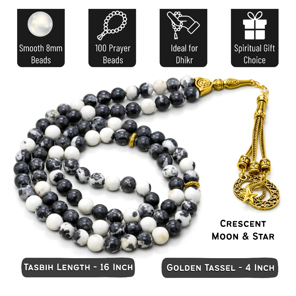 Black and White Jasper Crystal Tasbeeh Sibha Prayer Beads (Gold)