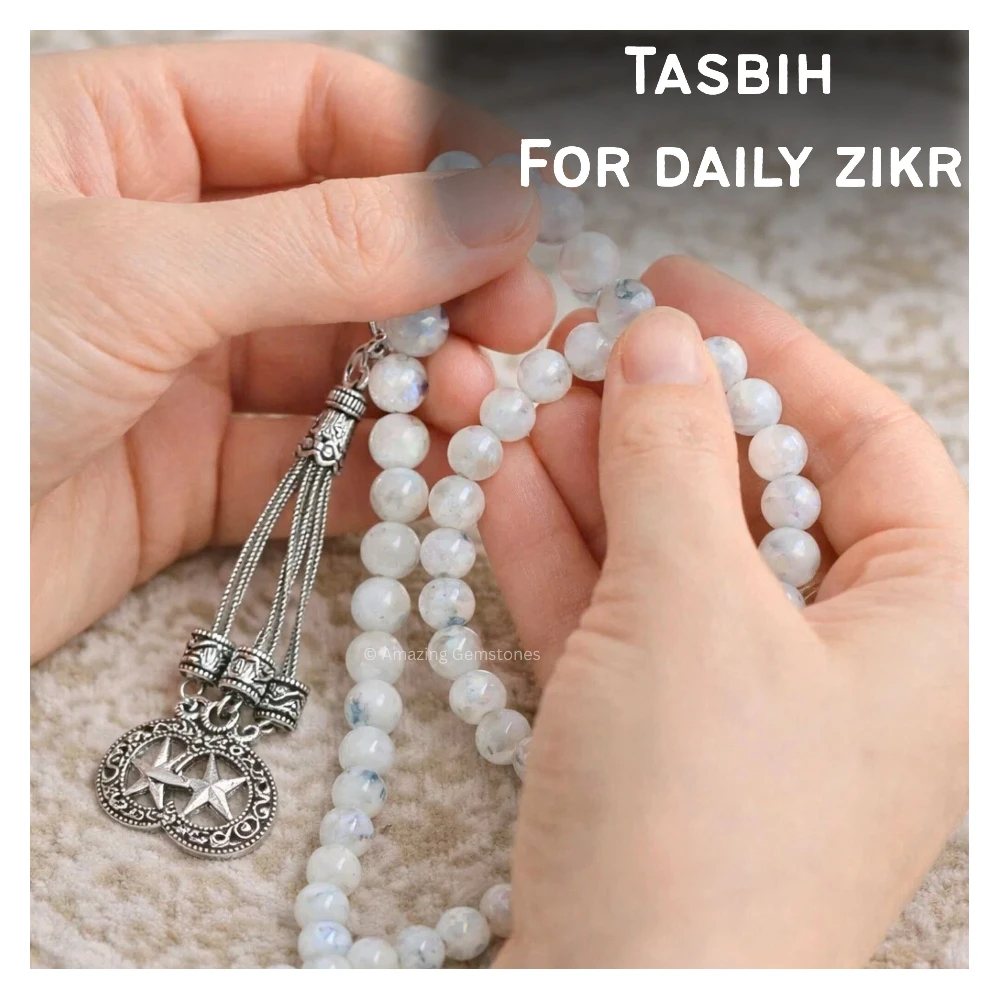 Rainbow Moonstone Crystal Tasbeeh Sibha Prayer Beads (Silver)