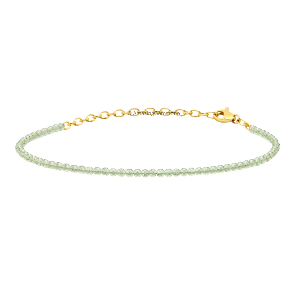Green Amethyst Crystal Bracelet - 2mm Faceted Bead (Gold)