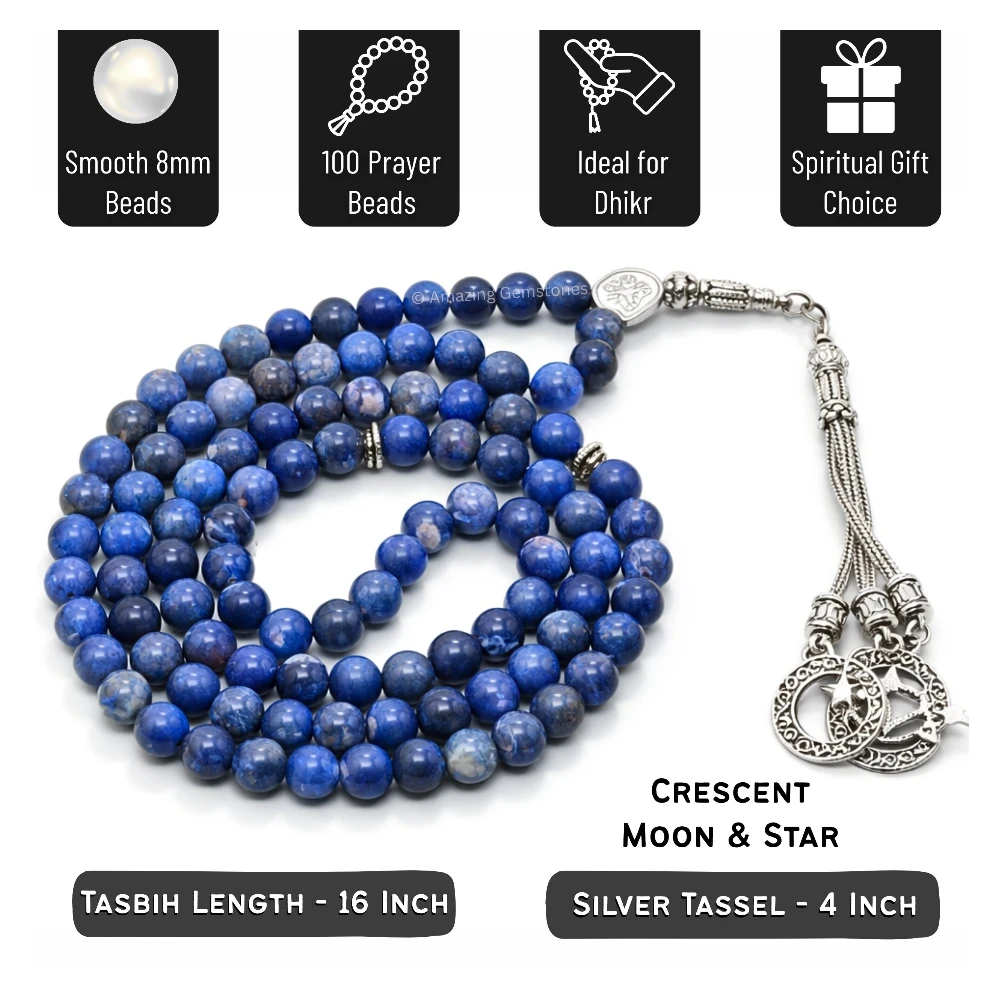 Sodalite Crystal Tasbeeh Sibha Prayer Beads (Silver)