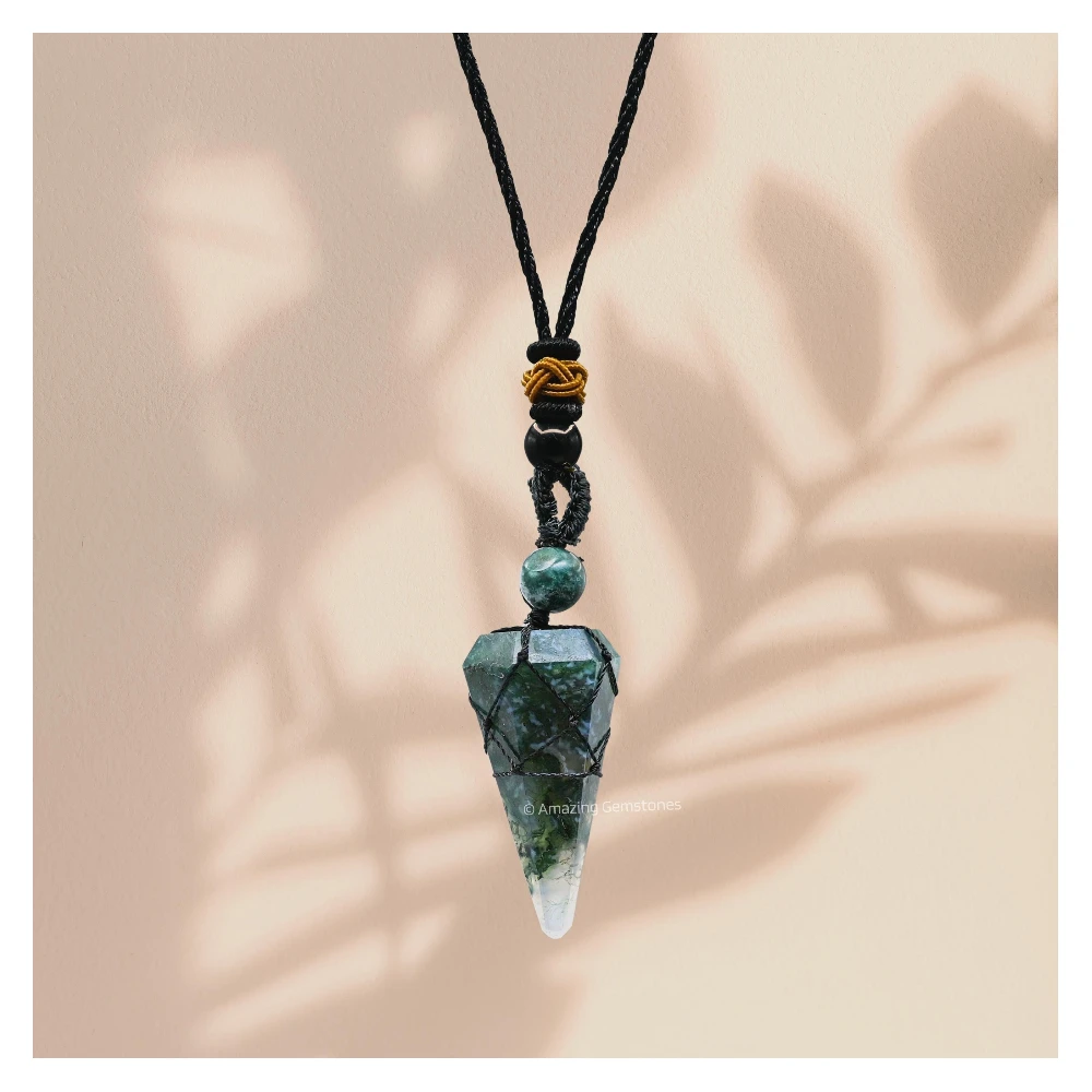 Moss Agate Pendulum Pendant Necklace (Macrame)