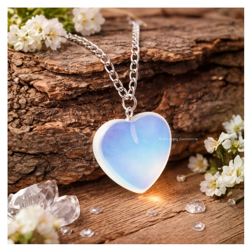 Opalite Heart Crystal Necklace (Flat Heart)