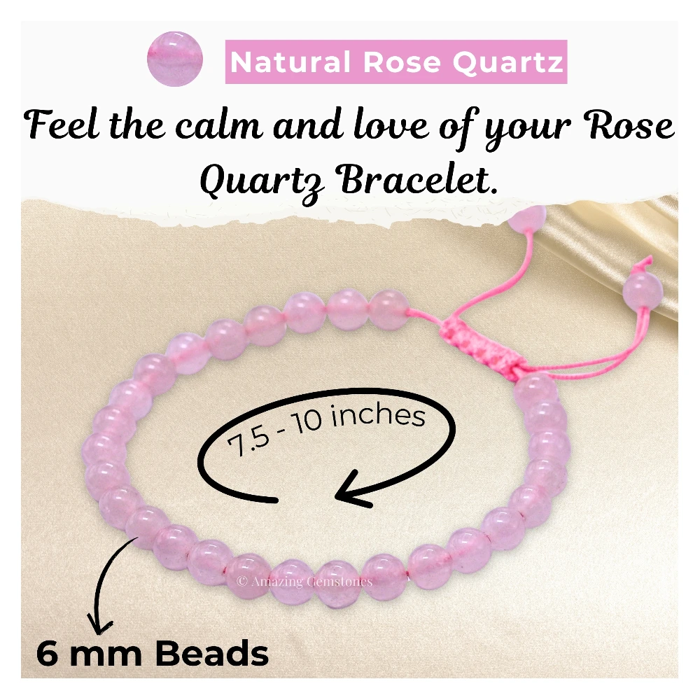 Rose Quartz Healing Crystal Bracelets - 6mm Beads (Adjustable)