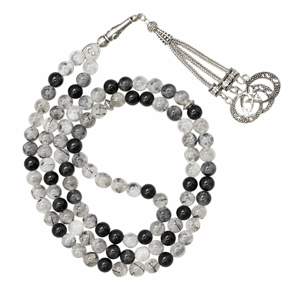 Black Rutilated Quartz Crystal Tasbeeh Sibha Prayer Beads (Silver)