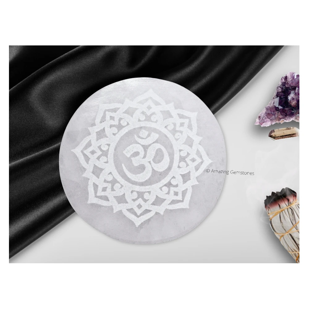 Selenite Charging Plate for Crystals - Om FOL (4 Inch)