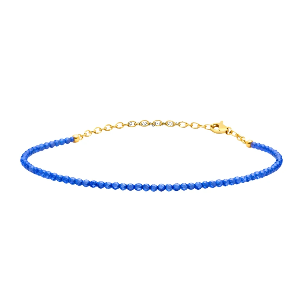 Dark Blue Chalcedony Crystal Bracelet - 2mm Faceted Bead (Gold)