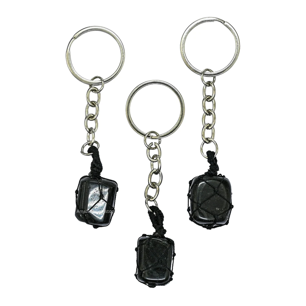 Black Tourmaline Keychain Keys Holder (Macrame Tumble)