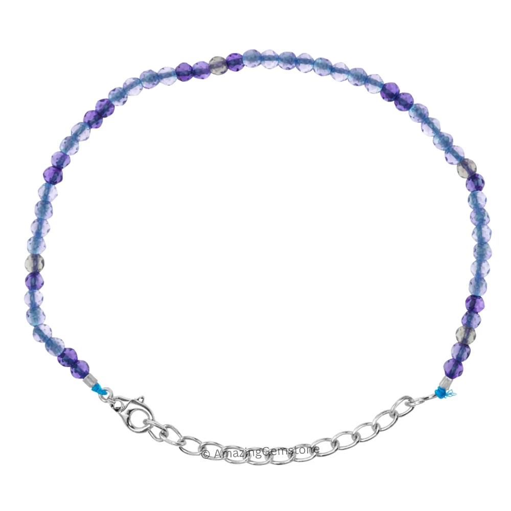 Blue Fluorite Crystal Bracelet - 2mm Faceted Bead (Silver)