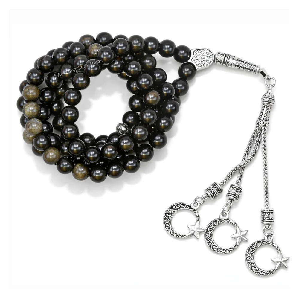 Gold Sheen Obsidian Crystal Tasbeeh Sibha Prayer Beads (Silver)