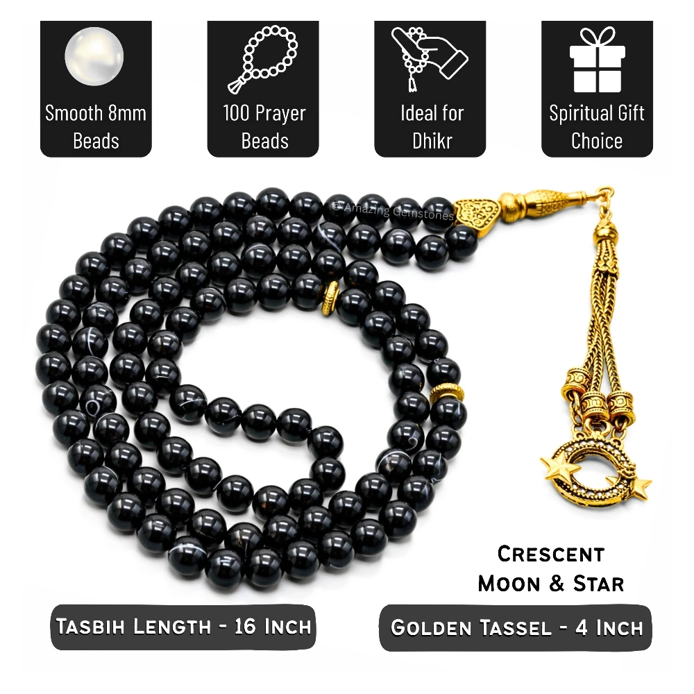 Black Banded Agate Crystal Tasbeeh Sibha Prayer Beads (Gold)