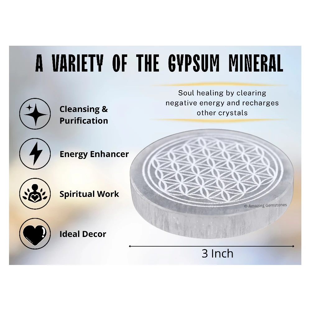 Selenite Charging Plate for Crystals - Flower of Life (3 Inch)