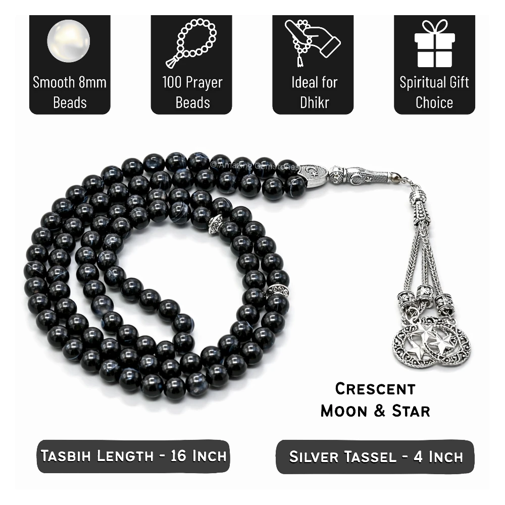 Black Banded Agate Crystal Tasbeeh Sibha Prayer Beads (Silver)