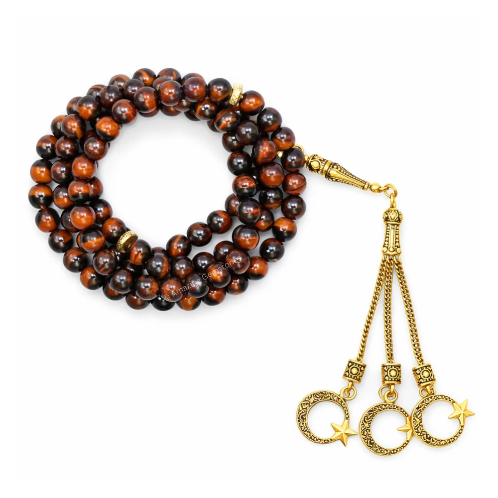 Red Tiger Eye Crystal Tasbeeh Sibha Prayer Beads (Gold)