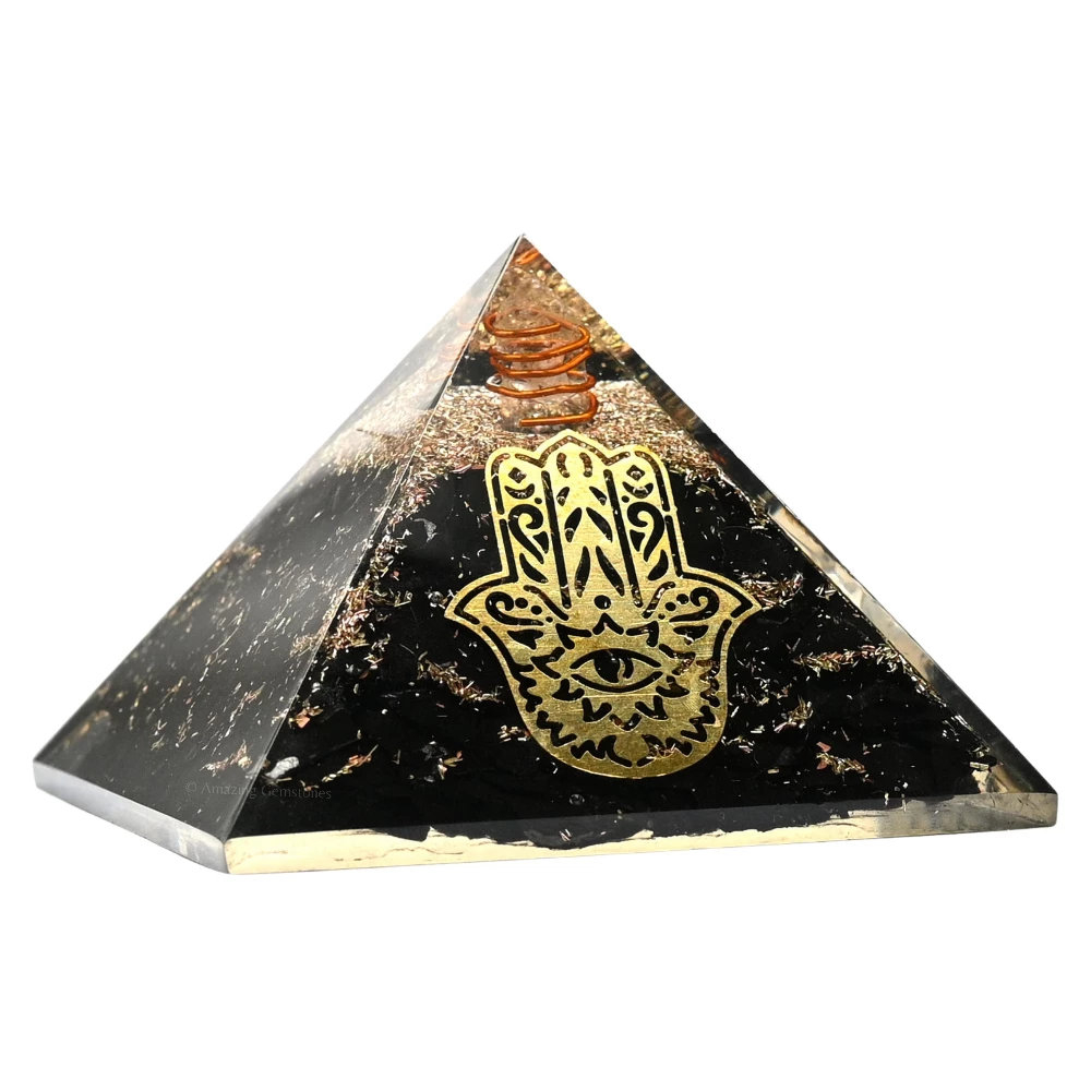 Black Tourmaline Orgone Pyramid - Hamsa