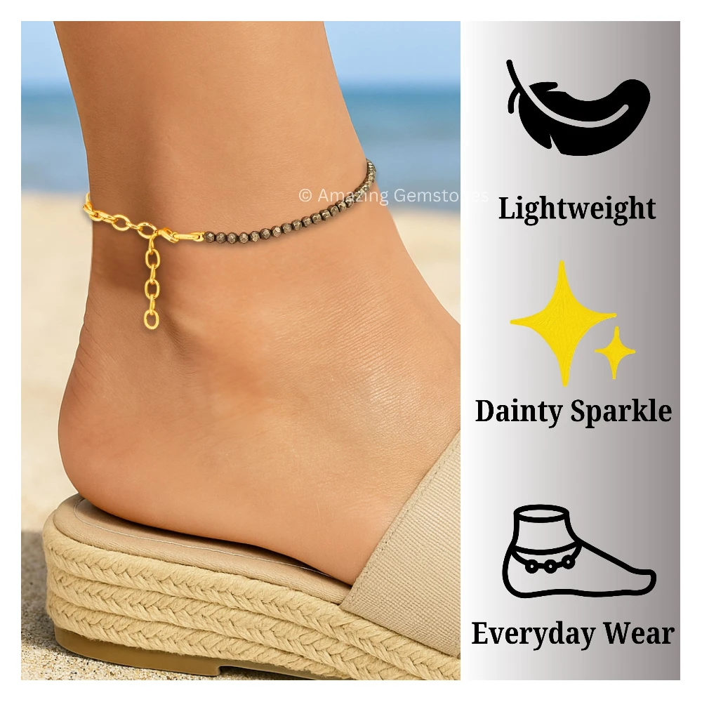 Pyrite Crystal Anklet - 2mm Faceted Bead (Gold)
