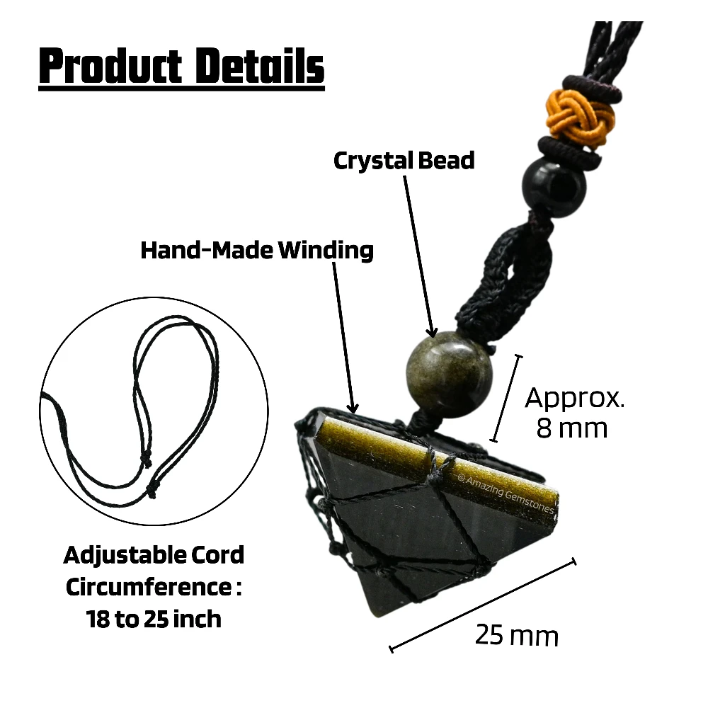 Golden Sheen Obsidian Pyramid Pendant Necklace (Macrame)