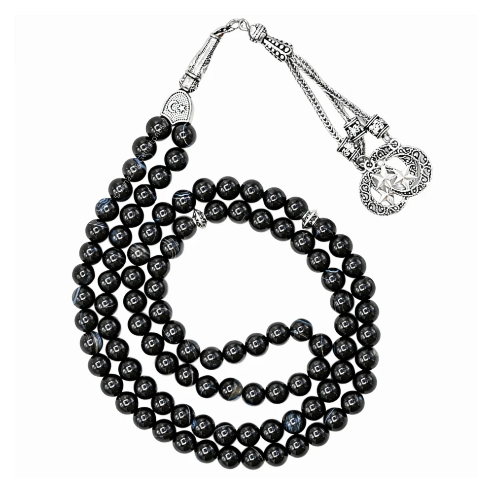 Black Banded Agate Crystal Tasbeeh Sibha Prayer Beads (Silver)