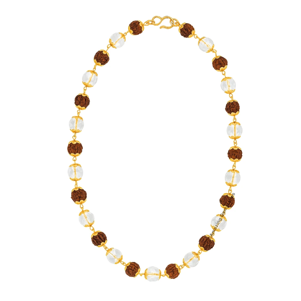 Rudraksha and Sphatik Mala Necklace (Gold Chain) (Faceted)