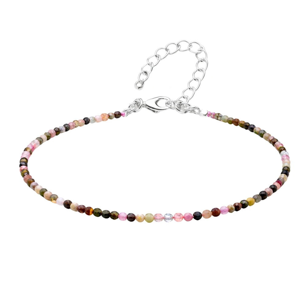 Multi Tourmaline Crystal Anklet - 2mm Faceted Bead (Silver)