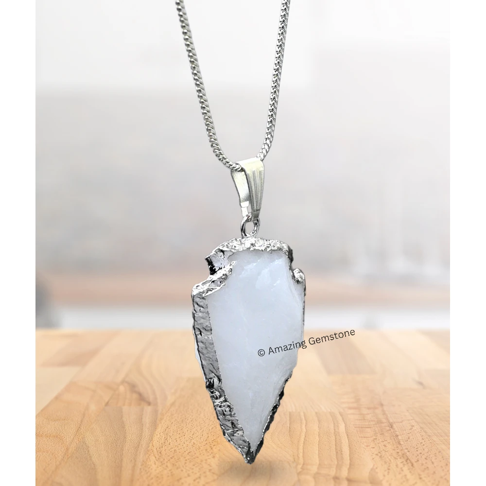 Snow Quartz Arrowhead Pendant - Silver Plated
