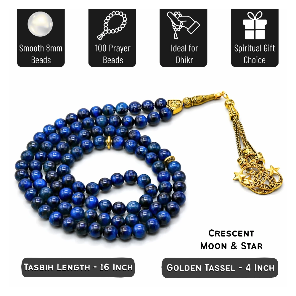 Blue Tiger Eye Crystal Tasbeeh Sibha Prayer Beads (Gold)