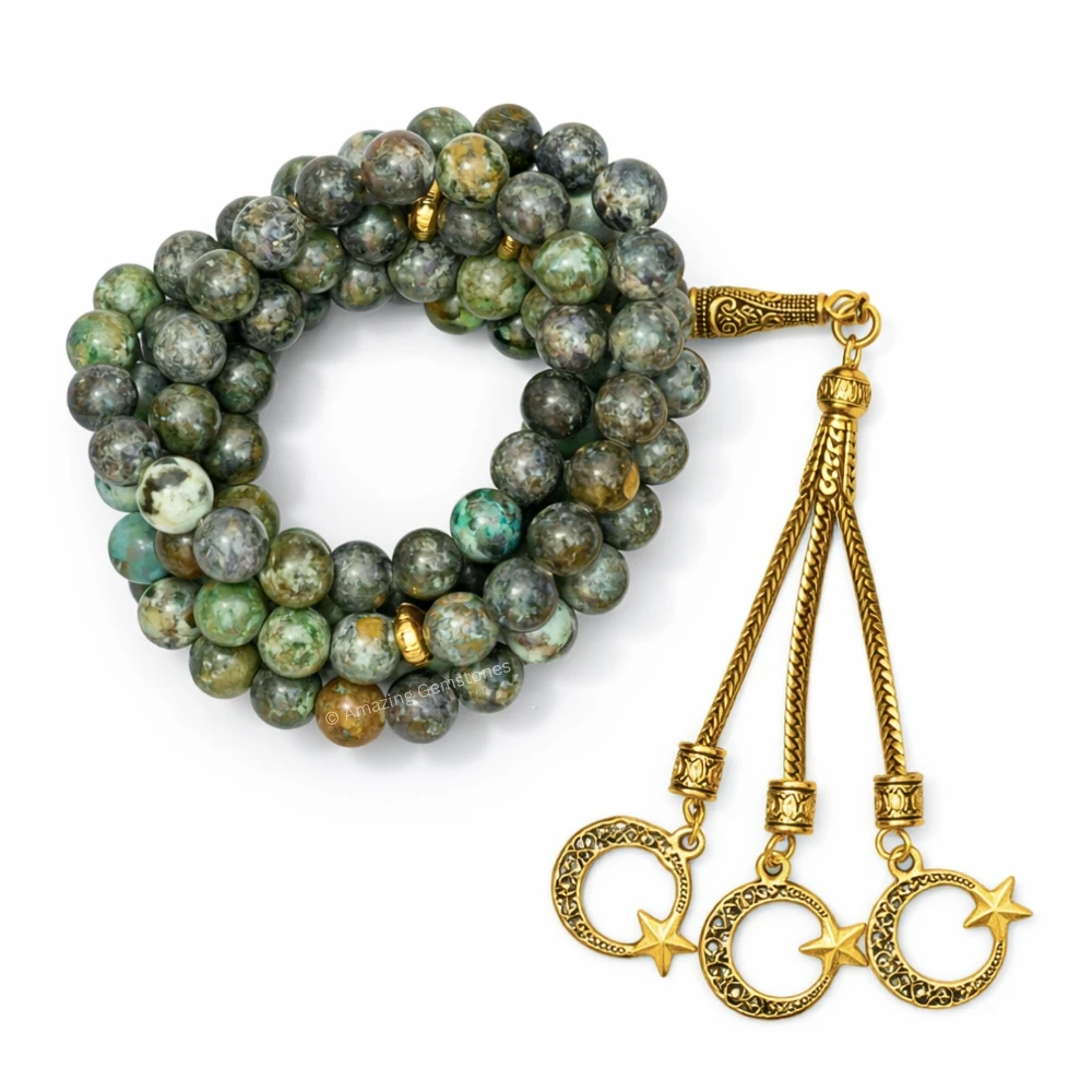 African Turquoise Crystal Tasbeeh Sibha Prayer Beads (Gold)