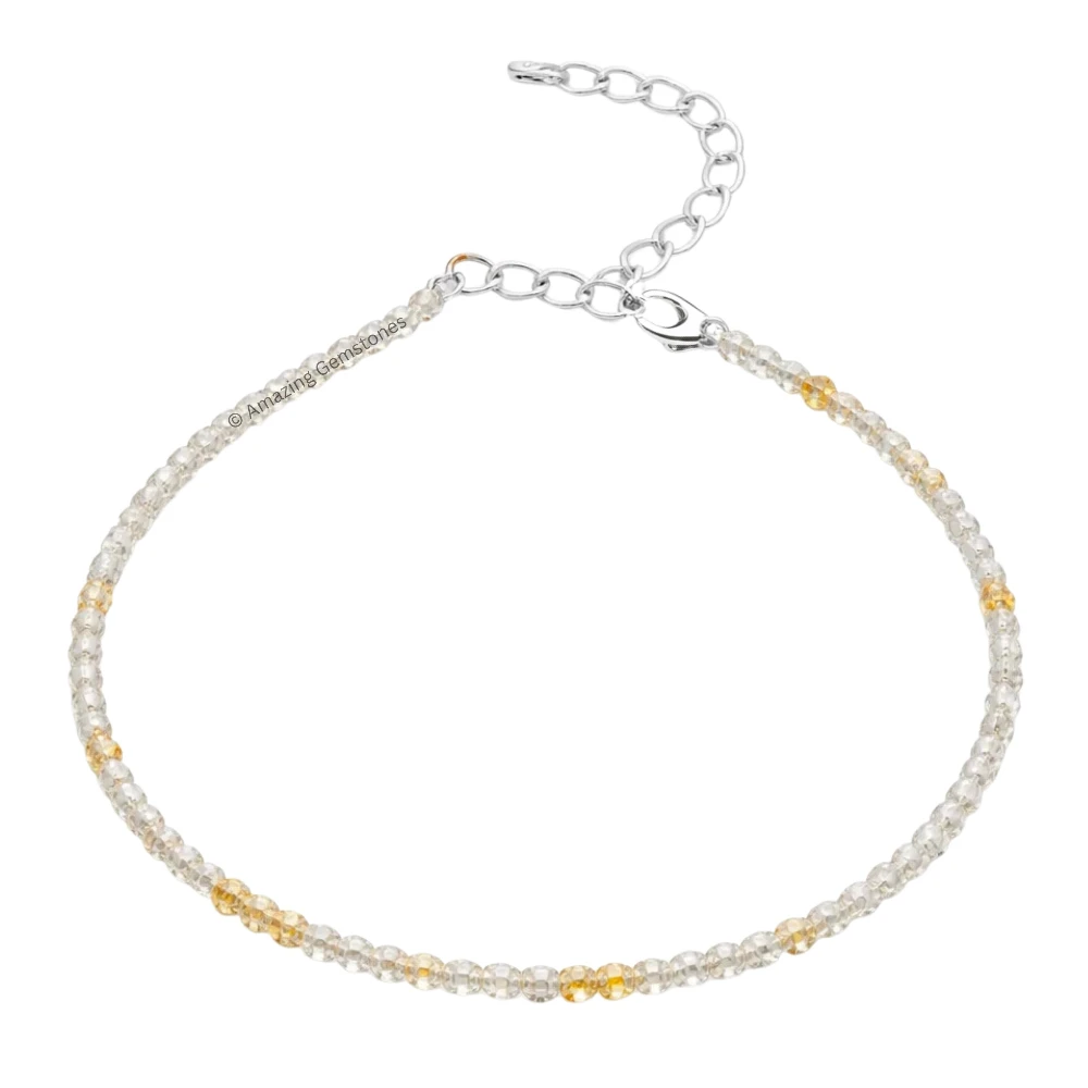 Golden Rutilated Quartz Crystal Anklet - 2mm Faceted Bead (Silver)