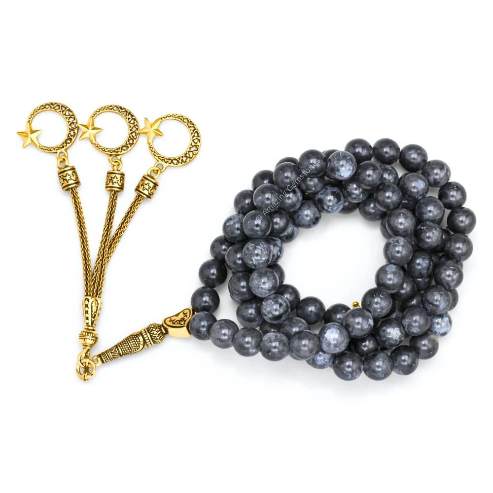 Larvikite Crystal Tasbeeh Sibha Prayer Beads (Gold)