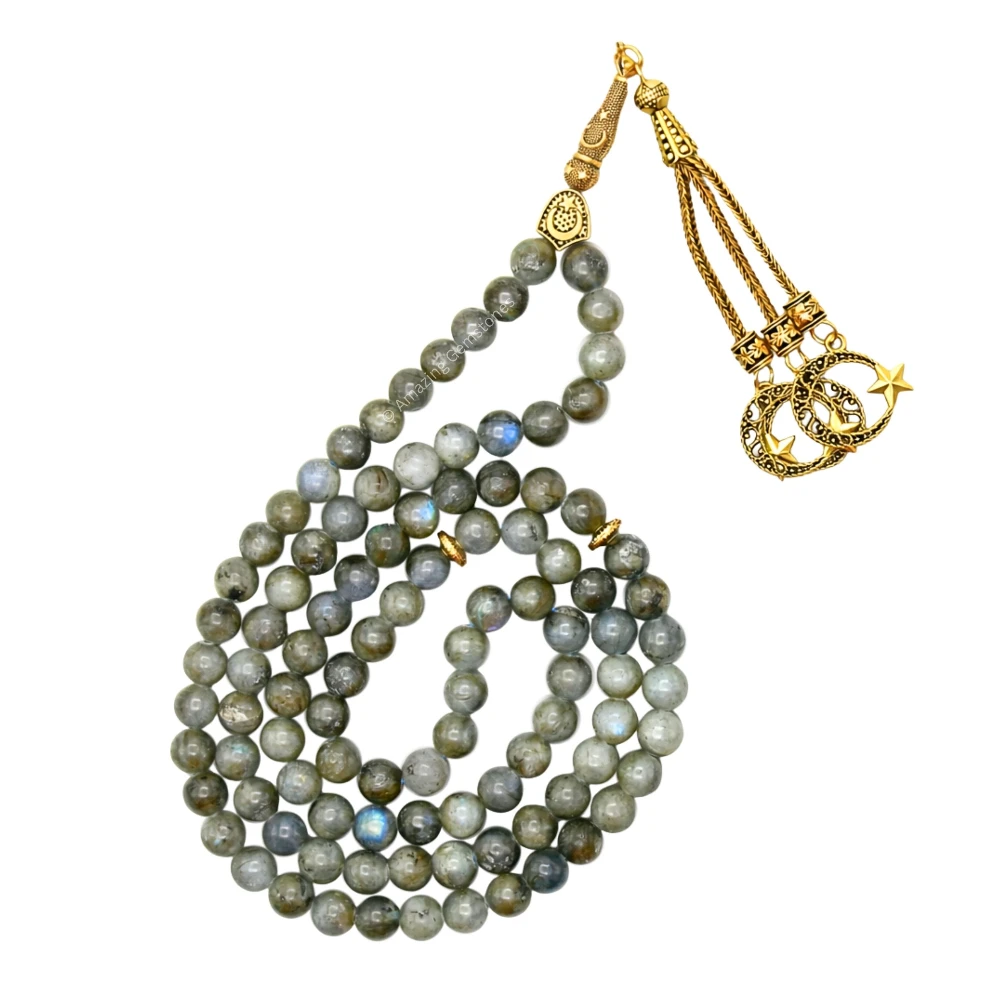 Labradorite Crystal Tasbeeh Sibha Prayer Beads (Gold)