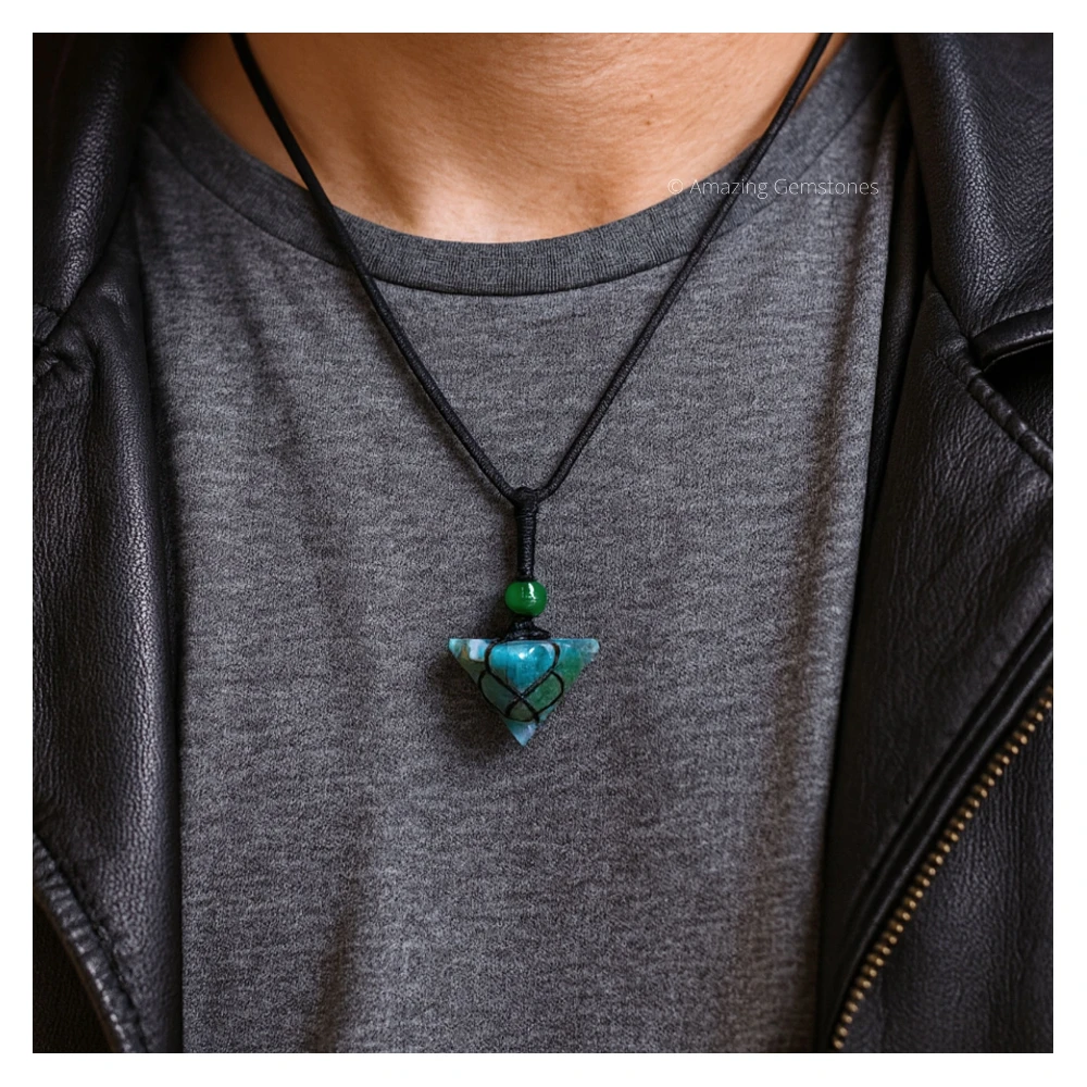 Moss Agate Pyramid Pendant Necklace (Macrame)