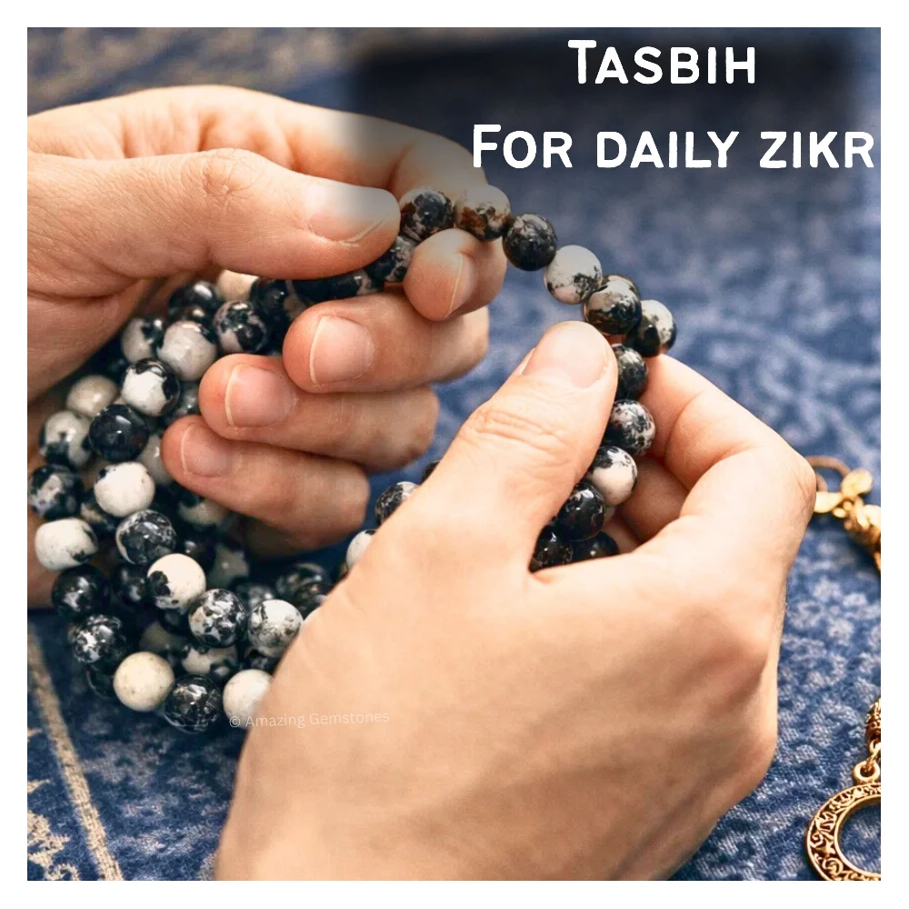 Black and White Jasper Crystal Tasbeeh Sibha Prayer Beads (Gold)