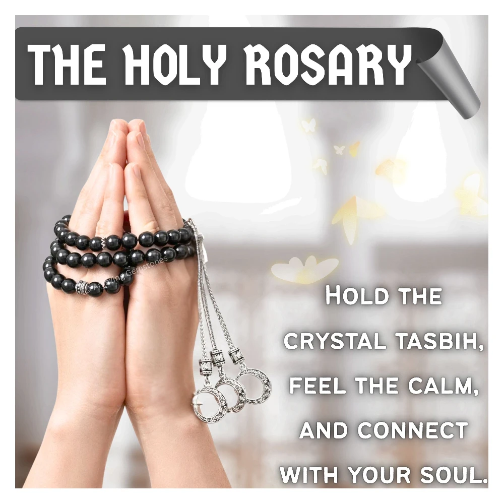 Black Tourmaline Crystal Tasbeeh Sibha Prayer Beads (Silver)