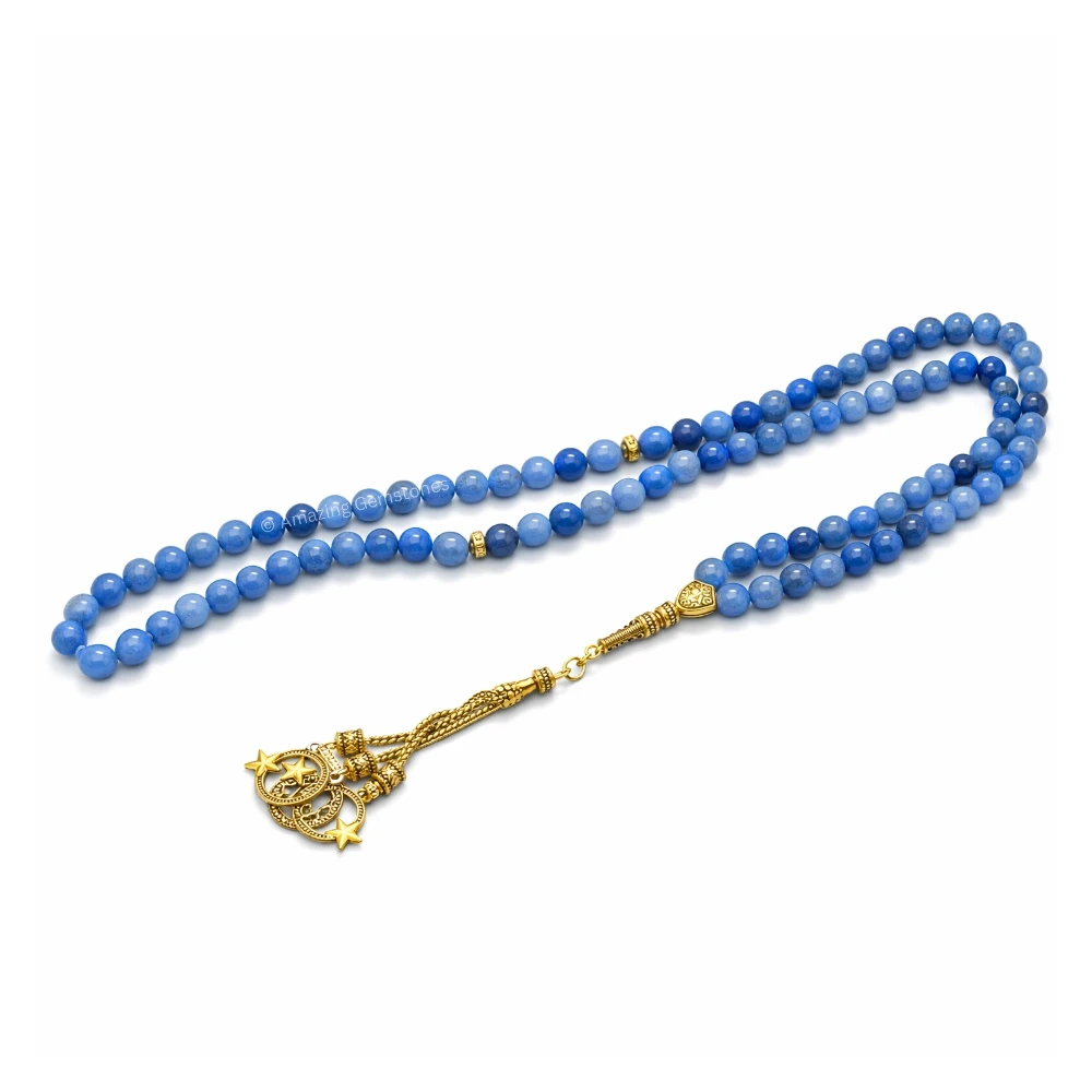 Blue Aventurine Crystal Tasbeeh Sibha Prayer Beads (Gold)