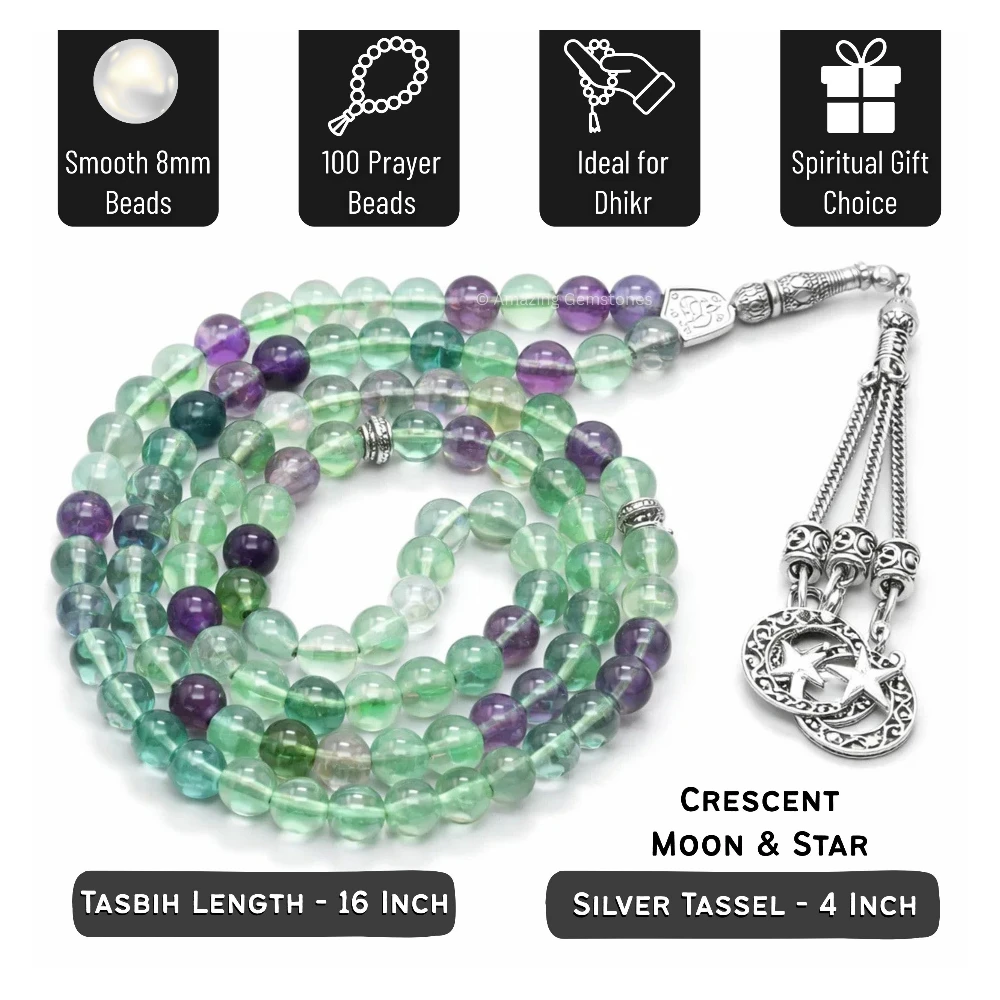 Multi Fluorite Crystal Tasbeeh Sibha Prayer Beads (Silver)