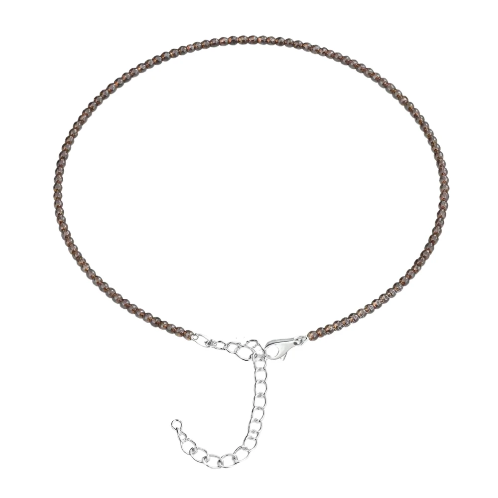 Smoky Quartz Crystal Anklet - 2mm Faceted Bead (Silver)