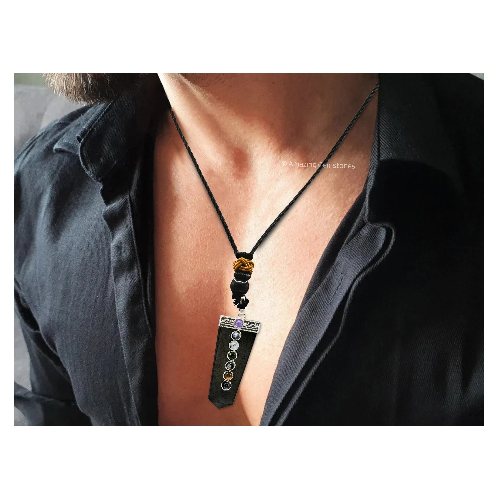 Shungite Necklace - Flat Pencil with 7 Chakra