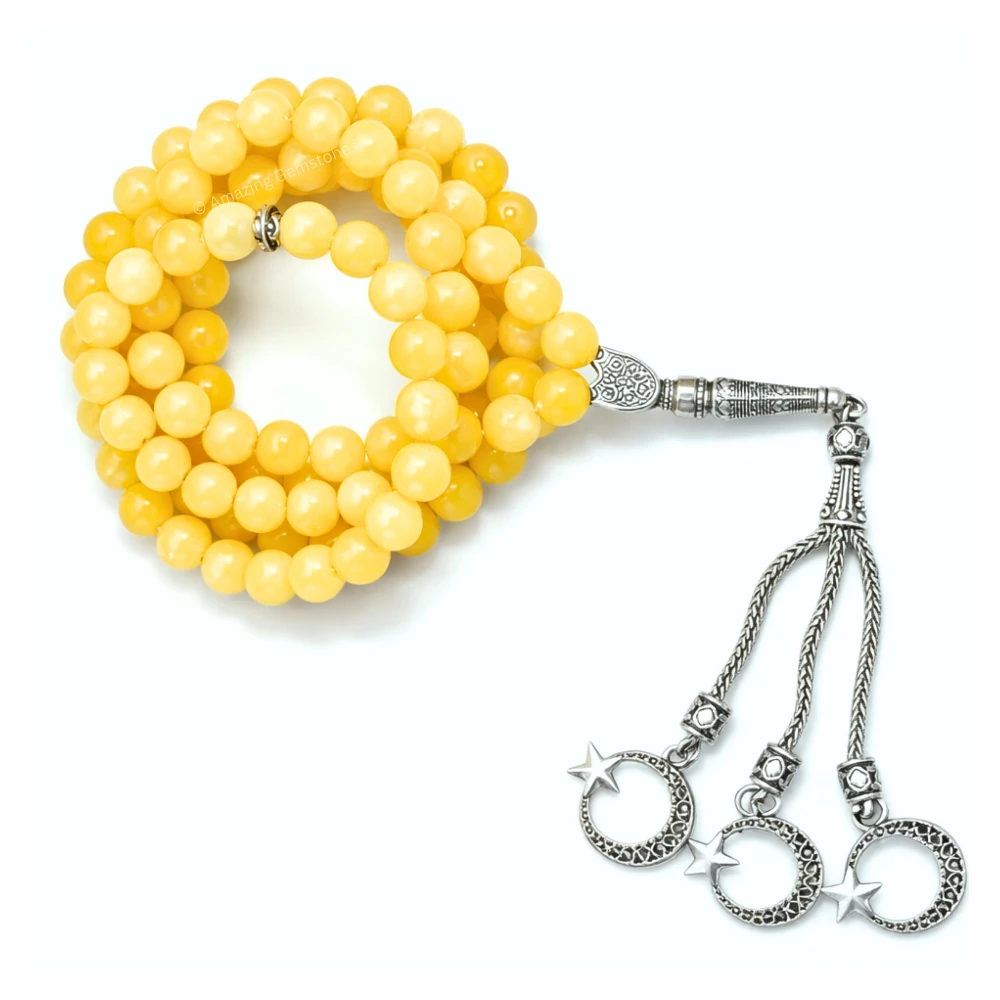 Yellow Calcite Crystal Tasbeeh Sibha Prayer Beads (Silver)