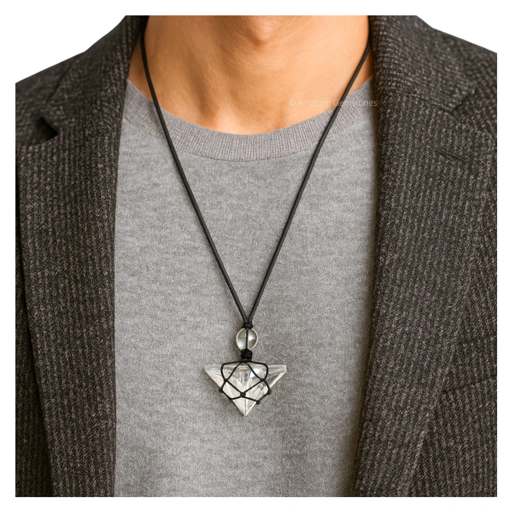 Clear Quartz Pyramid Pendant Necklace (Macrame)