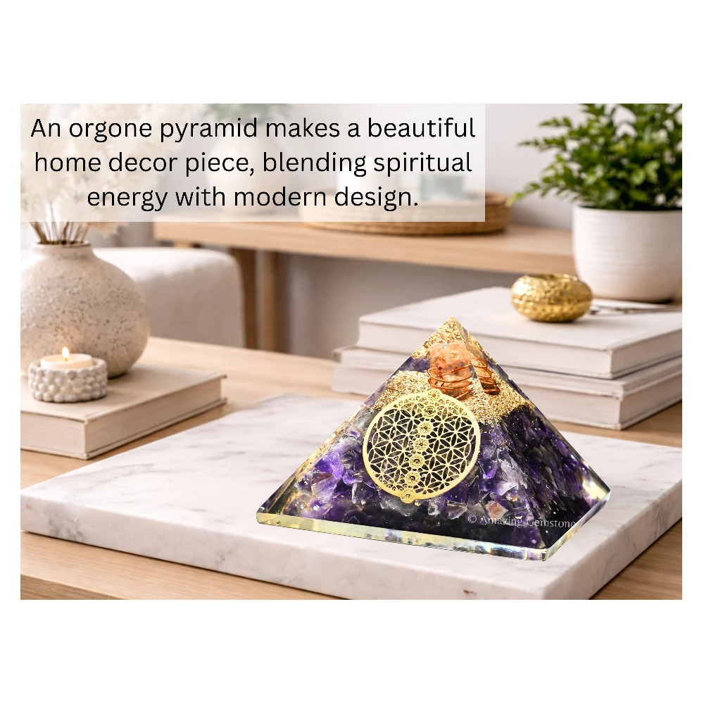 Amethyst Orgone Pyramid - Chakra Flower of Life