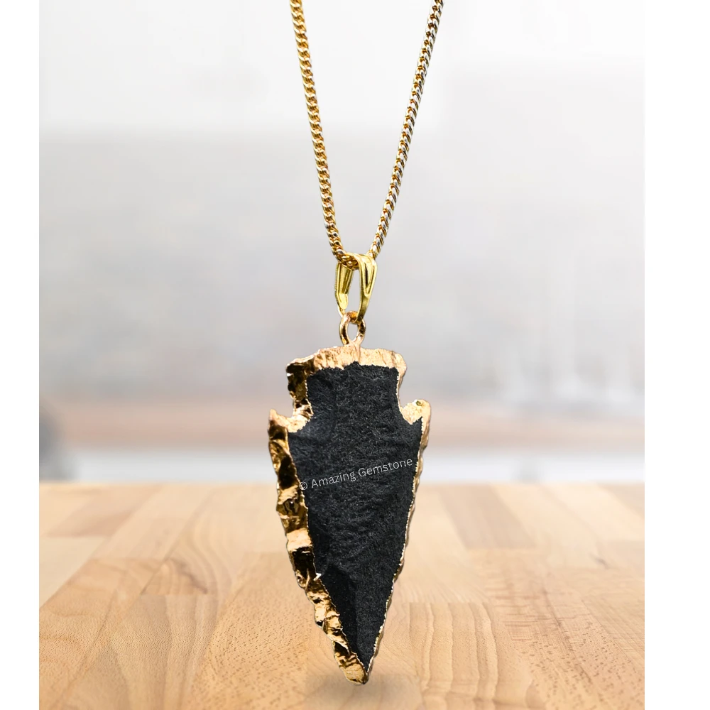 Black Agate Arrowhead Pendant - Gold Plated