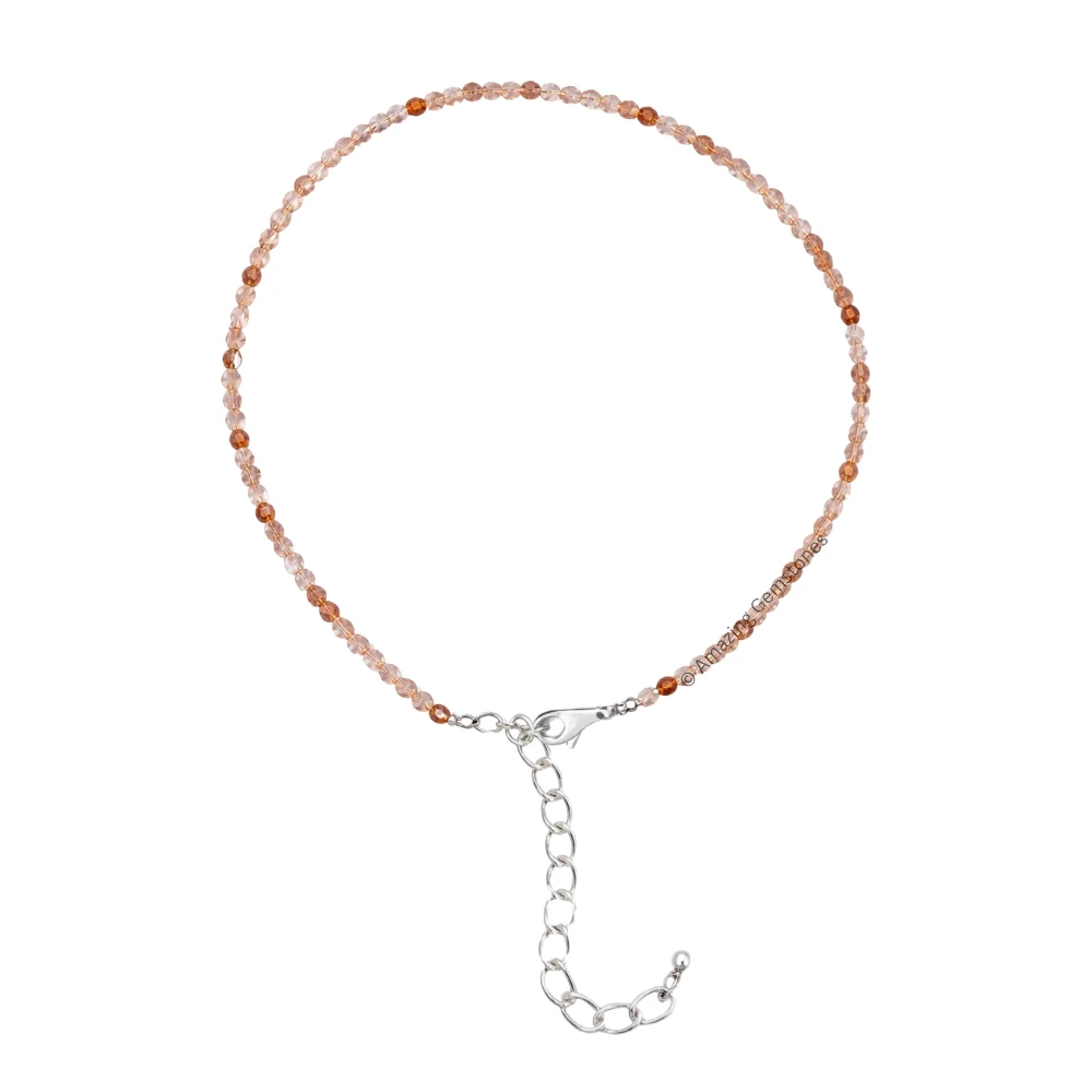 Orange Rutilated Quartz Crystal Anklet - 2mm Faceted Bead (Silver)