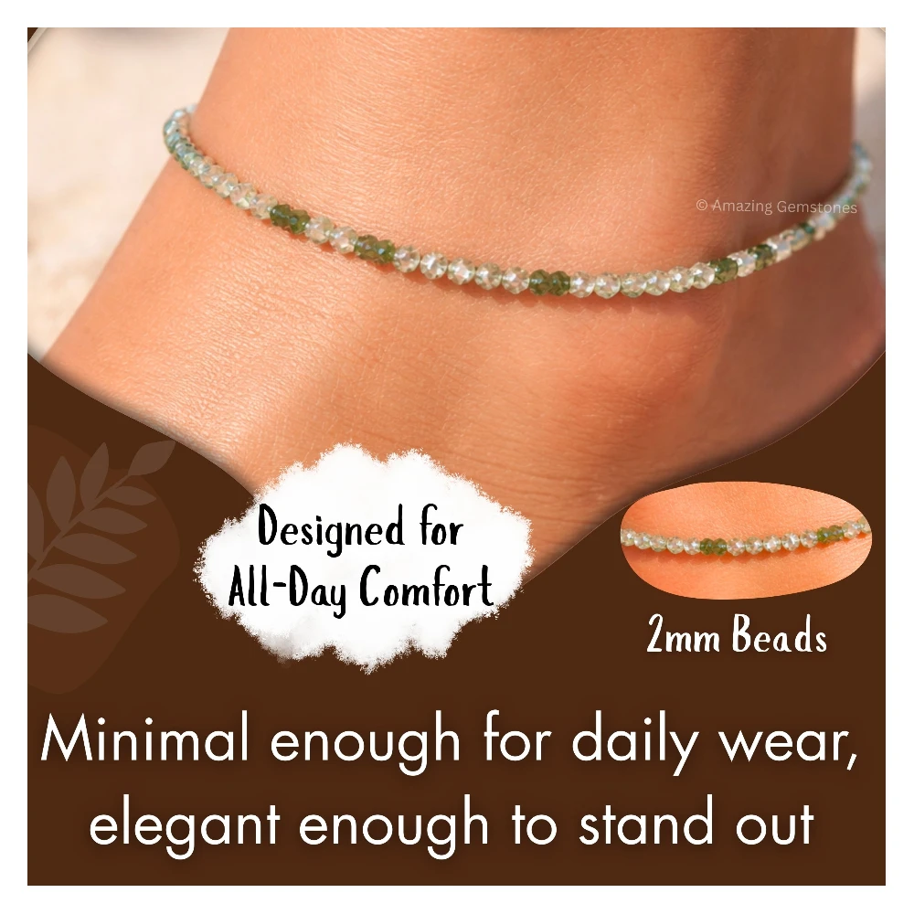 Green Rutilated Quartz Crystal Anklet - 2mm Faceted Bead (Silver)