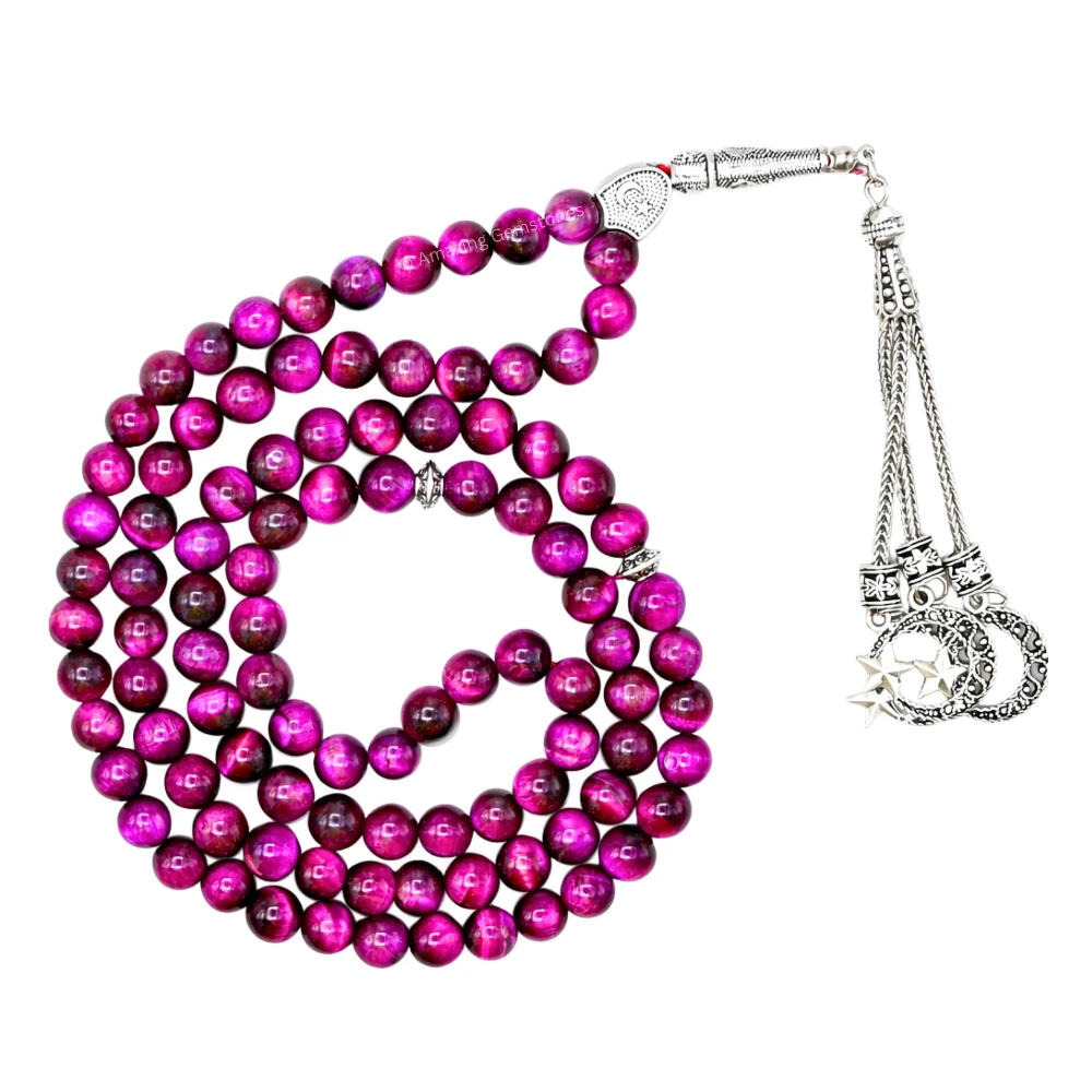 Pink Tiger Eye Crystal Tasbeeh Sibha Prayer Beads (Silver)