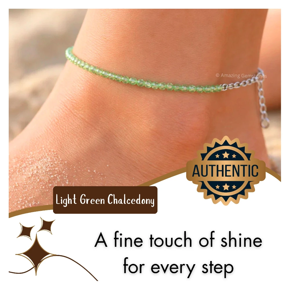 Green Chalcedony Crystal Anklet - 2mm Faceted Bead (Silver)