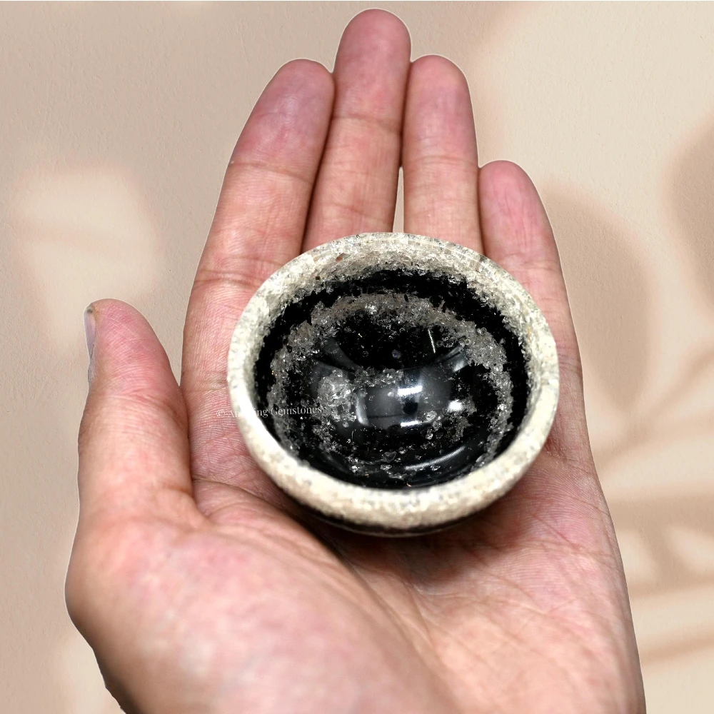 Black Tourmaline & Clear Quartz Layer Crystal Orgone Bowl (2 Inch)