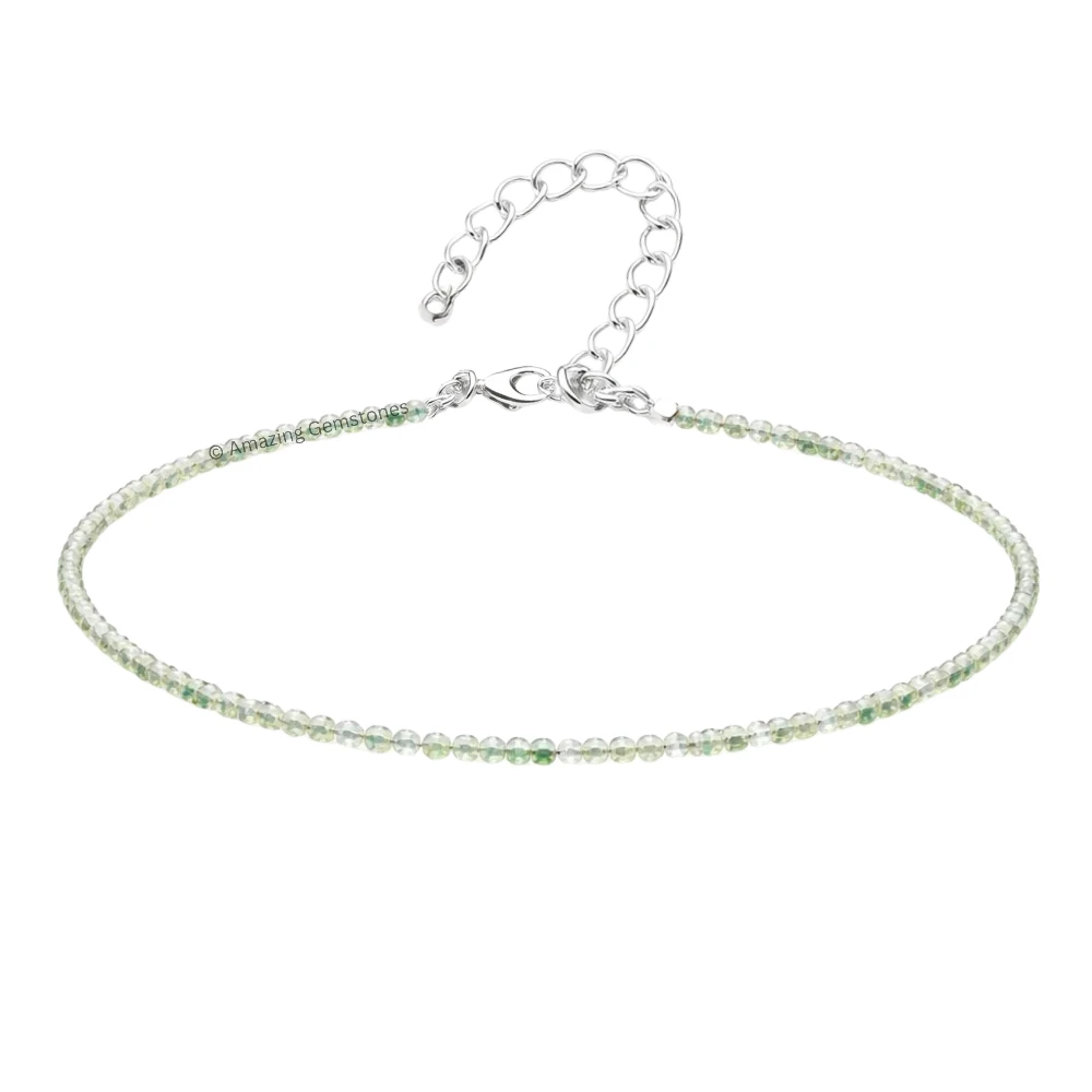 Green Amethyst Crystal Anklet - 2mm Faceted Bead (Silver)