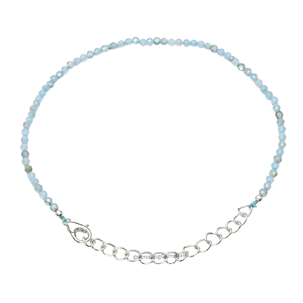 Aquamarine Crystal Bracelet - 2mm Faceted Bead (Silver)