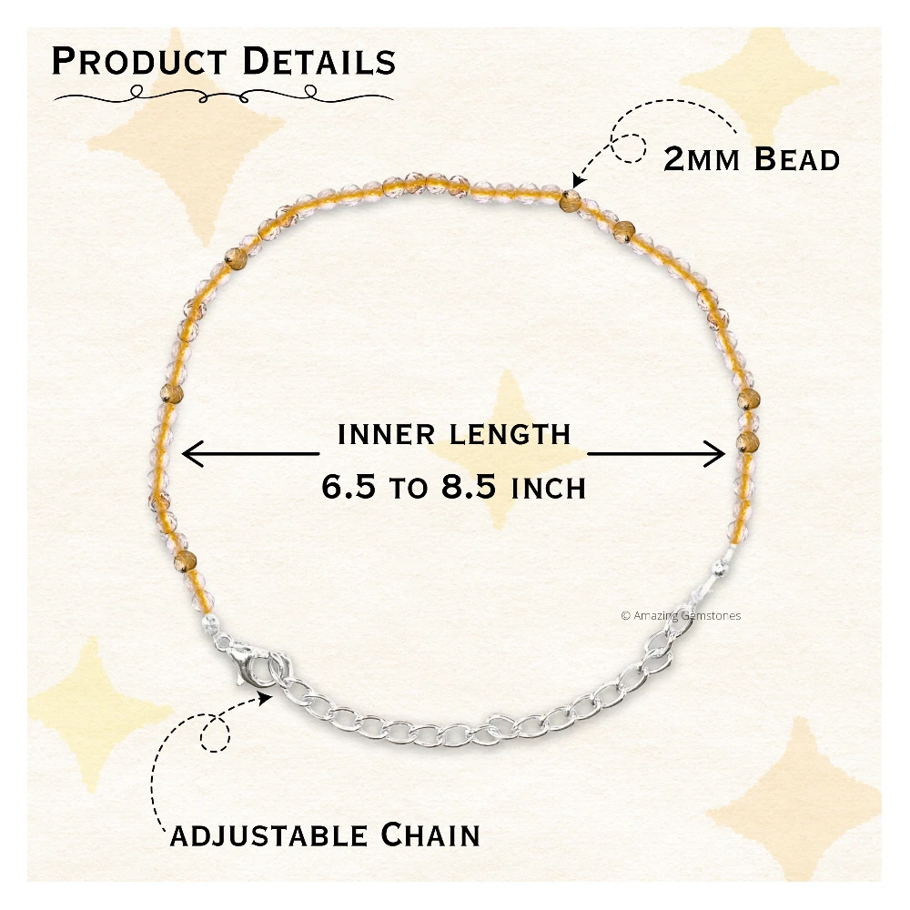Golden Rutilated Quartz Crystal Bracelet - 2mm Faceted Bead (Silver)