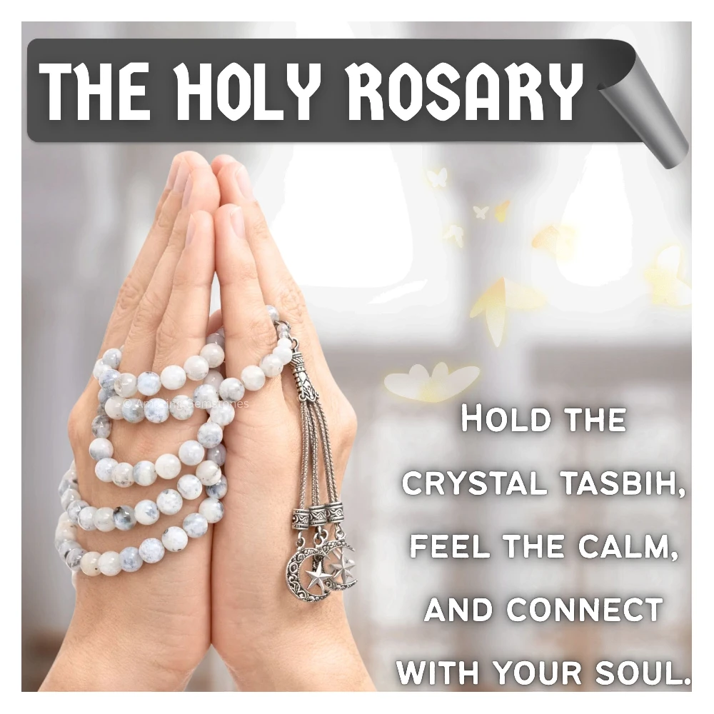 Rainbow Moonstone Crystal Tasbeeh Sibha Prayer Beads (Silver)